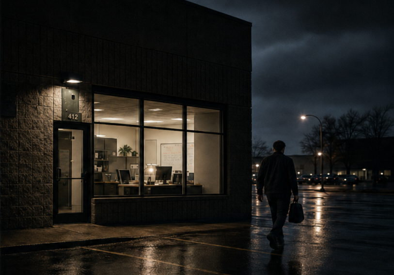 Lit office window 412 at night with a person walking across wet pavement