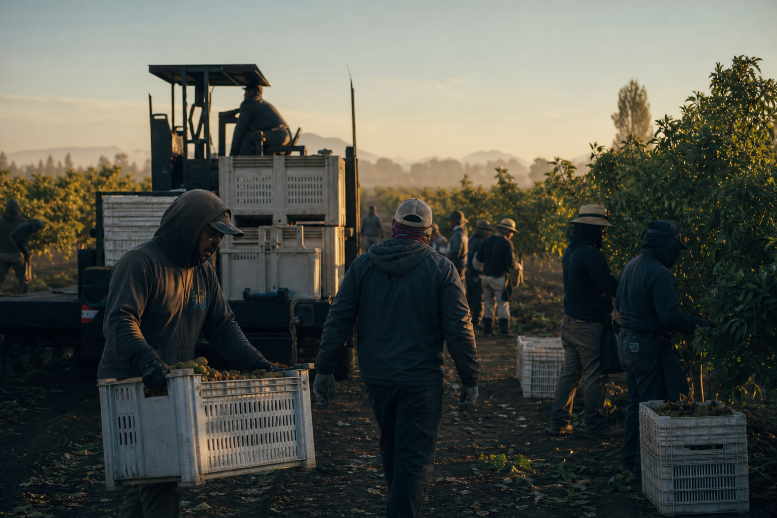 Farm crew and supervisors reviewing harvest assignments at sunrise