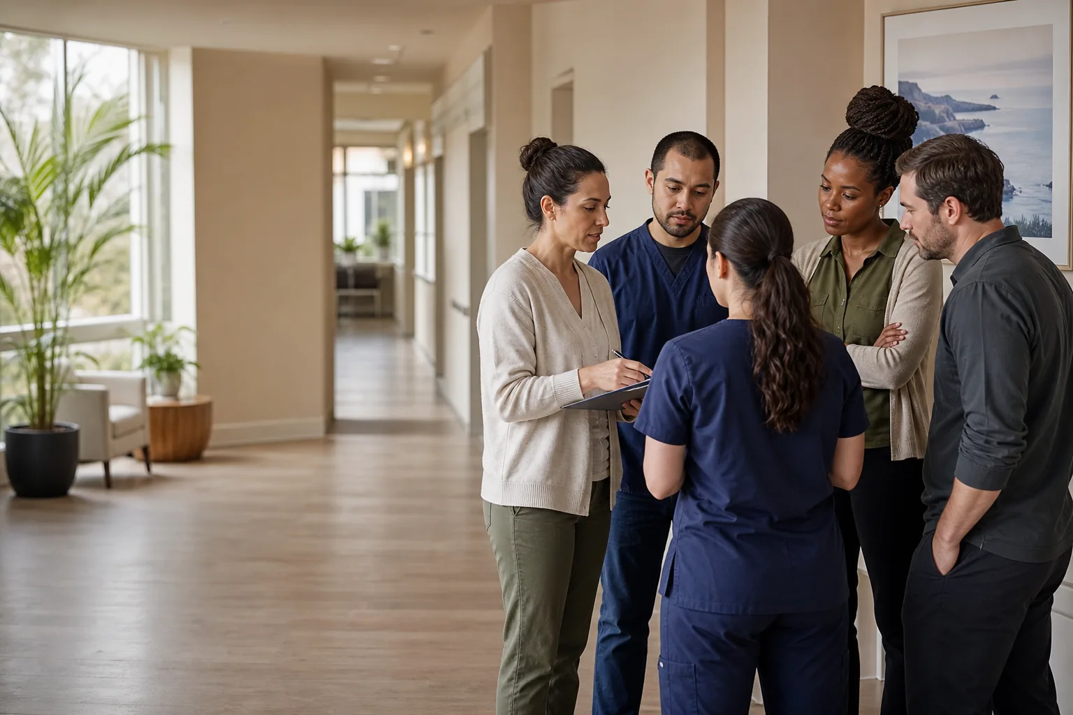 Behavioral health and residential care staff holding a workplace safety huddle