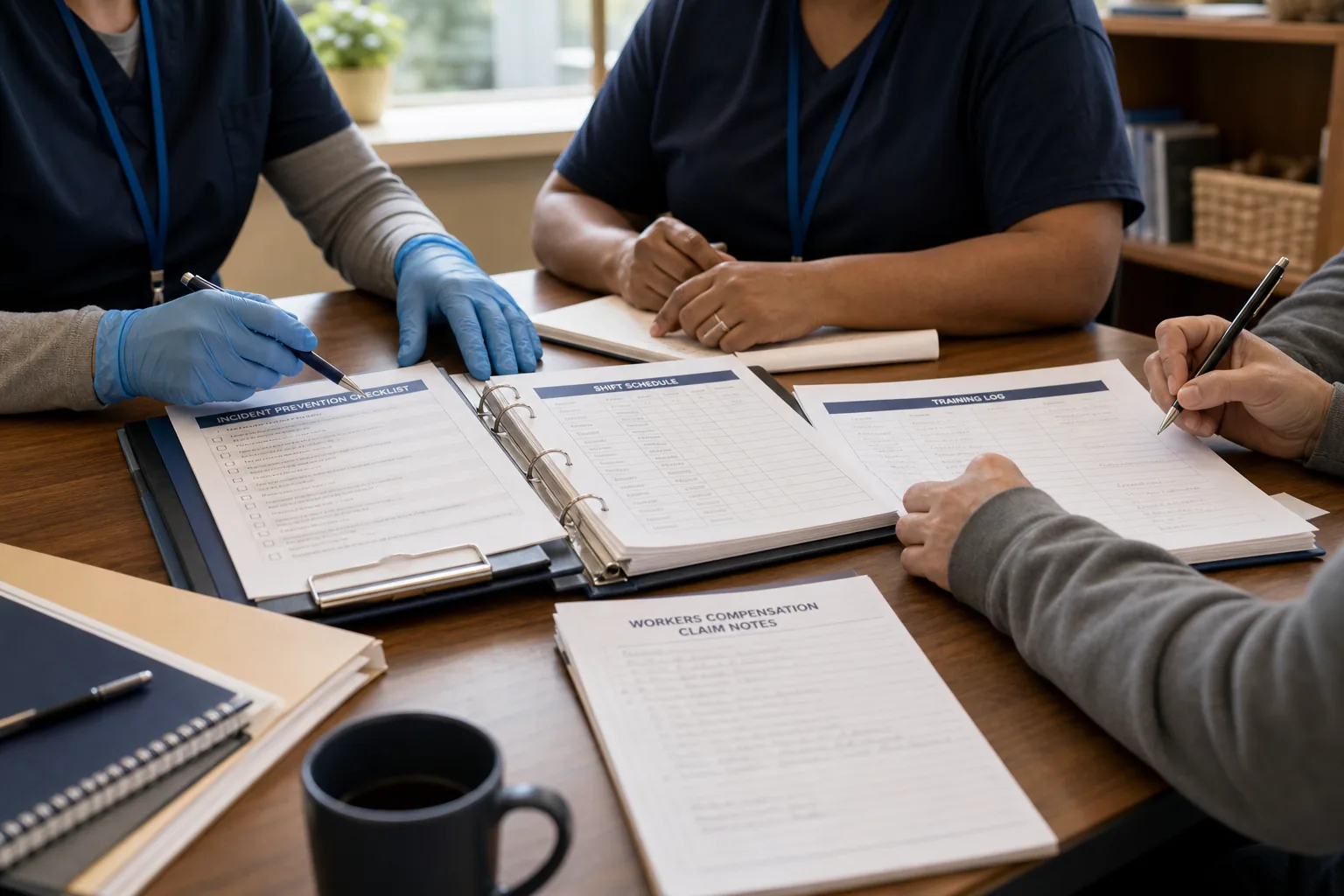 Residential care staff reviewing a safety playbook, training log, and claims notes