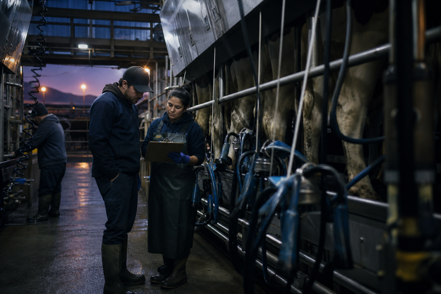 Dairy operators reviewing milking parlor safety notes before dawn